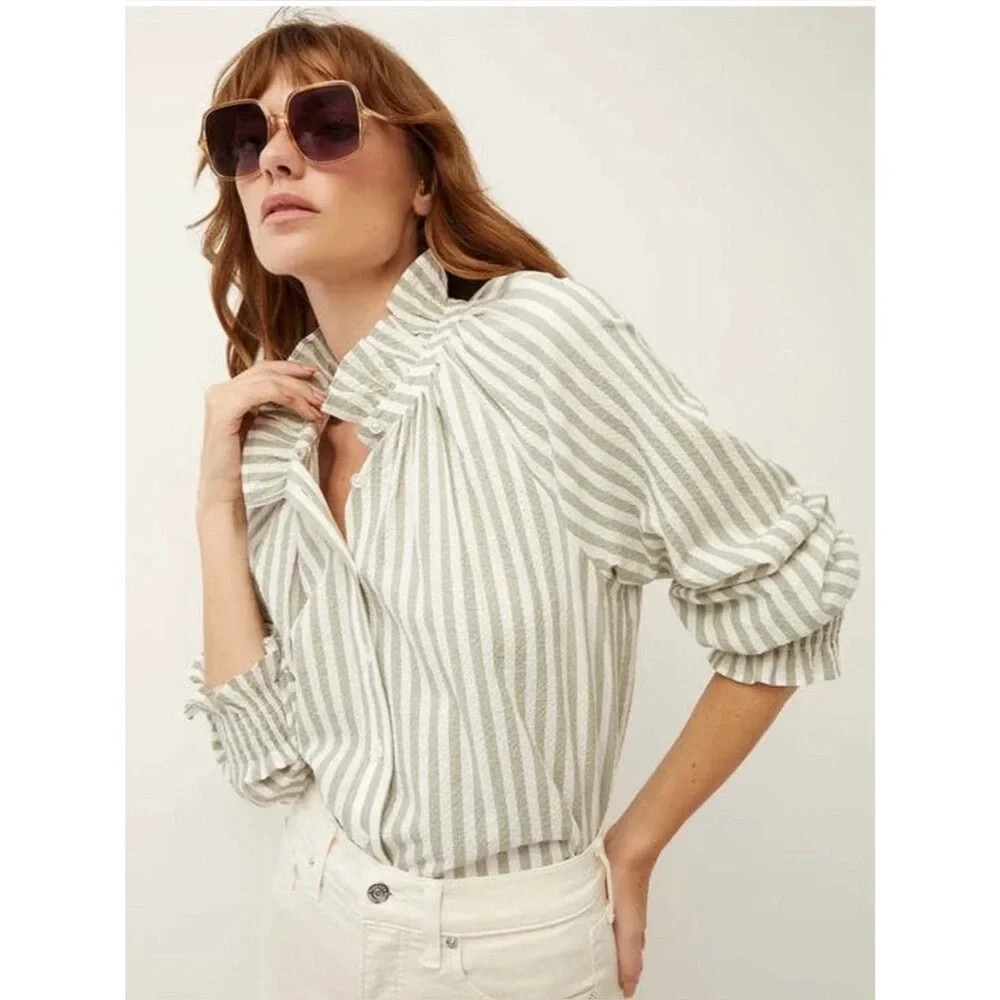 Veronica Beard Calisto Striped Ruffle Shirt Size 12 Coastal Modern Chic